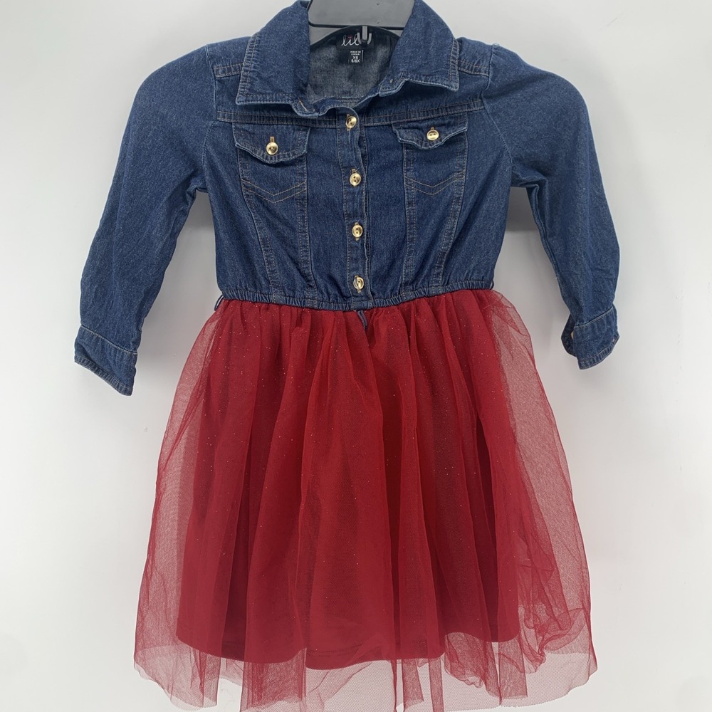 Lilt Youth Girls XS 6/6X Blue Denim Chambray Long Sleeve Red Sparkle Tutu Dress